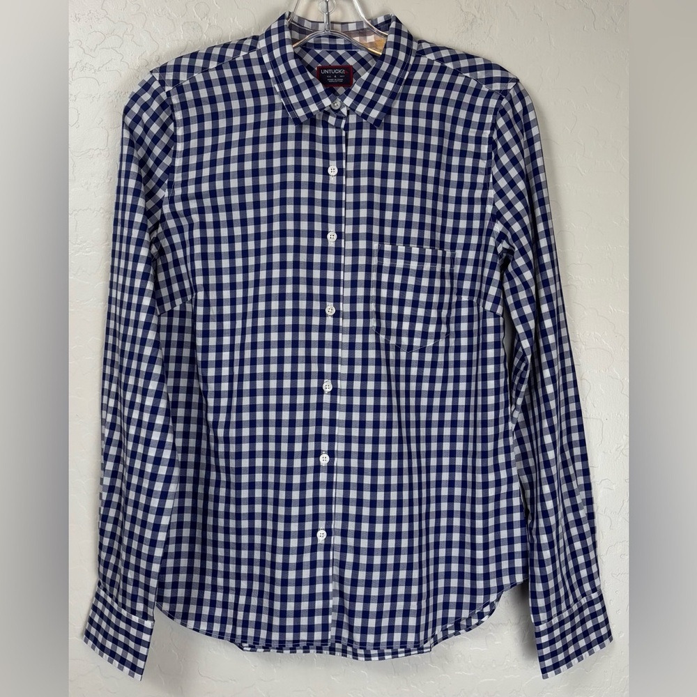 NEW UNTUCKit Belleza Womens Navy White Gingham Cotton Button Down Shirt 1033